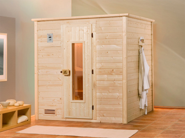 Sauna Massivholzsauna Bergen 1 HT isolierte Holztür mit Glasausschnitt