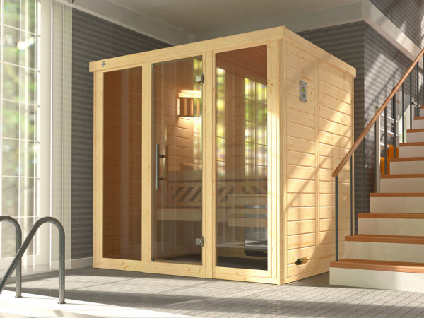 Sauna Massivholz-Elementsauna Kemi Panorama 2 inkl. Saunaofen OS 7,5 kW + externer Steuerung