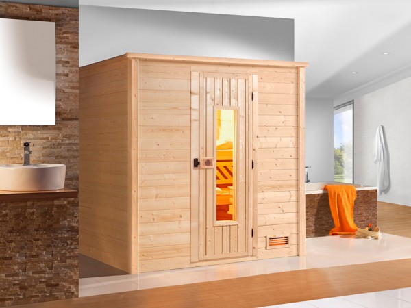 Sauna Massivholzsauna Bergen 2 HT isolierte Holztür mit Glasausschnitt