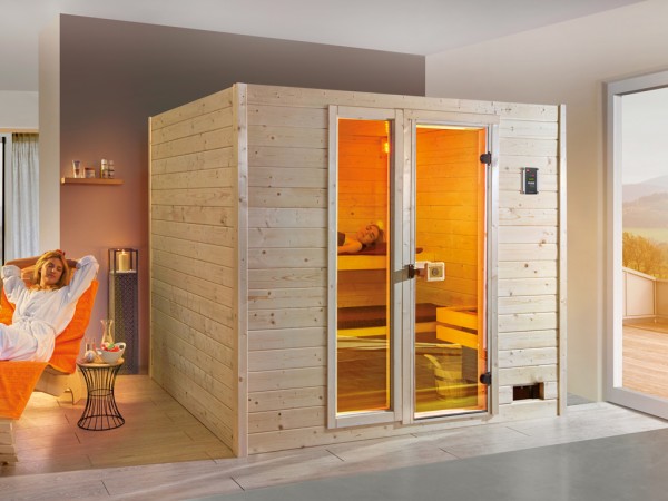Sauna Massivholzsauna Sparset Valida GTF inkl. 9 kW Ofen int. Steuerung + Leuchtenset
