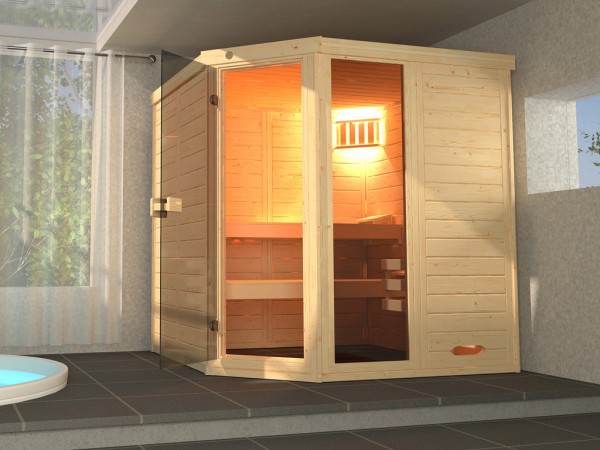 Sauna Massivholz-Elementsauna Laukkala 2 GTF graphit Ganzglastür und Fensterelement